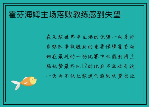 霍芬海姆主场落败教练感到失望